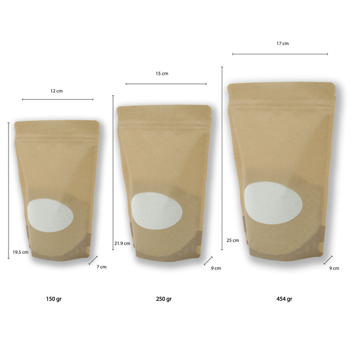Bolsa para alimentos Stand up Pouch Con ventana Apariencia kraft 150 g