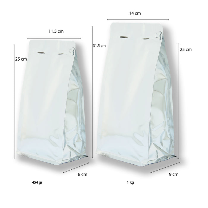 Bolsa de Fondo Plano Plata Laminada con Zipper 1Kg para Café y Alimentos