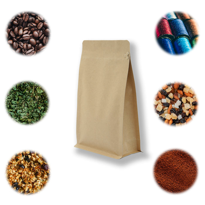 Bolsa con Fondo Plano Papel Kraft Laminada con Zipper 454g para Café y Alimentos