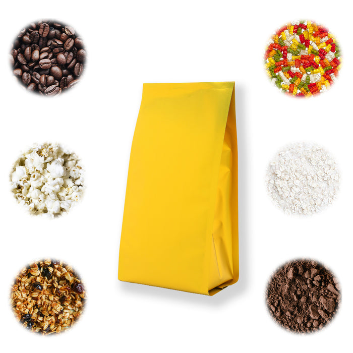 Bolsa con Fuelles Amarillo Brillante Laminada 500g para Café y Alimentos